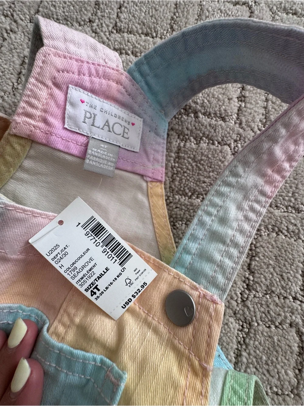 The Children's Place Pastel Tie-Dye Short Overalls - Pink Blue Green Yellow